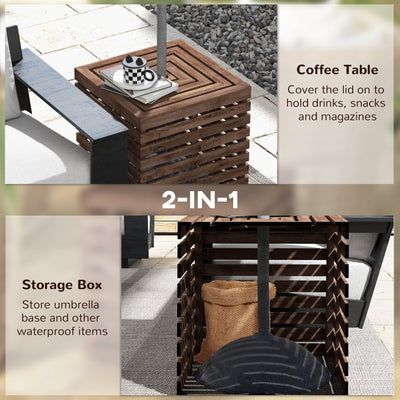 2-in-1 Outdoor Umbrella Base Storage Box, Wooden Patio Coffee Table, Brown