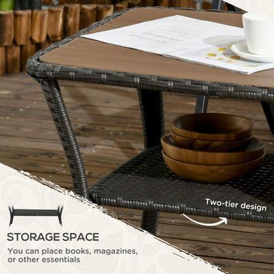 Outdoor Patio PE Rattan Coffee Table with Storage Shelf, Wicker Side Table with Wood-Plastic Composite Top, Mixed Brown