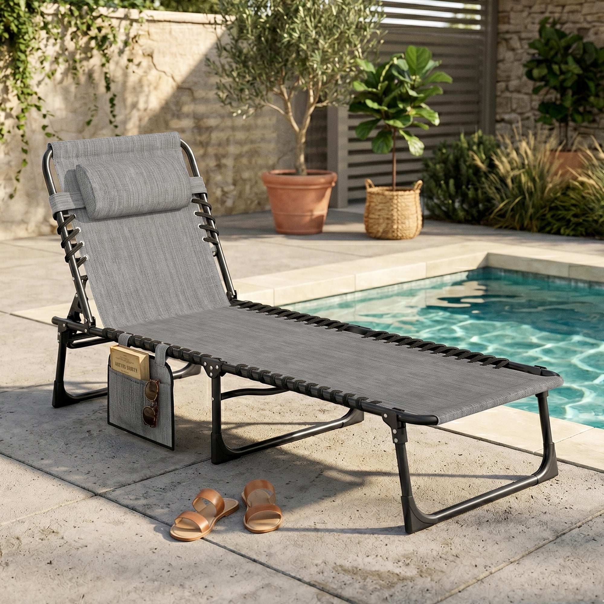Reclining Chaise Lounge Chair, Portable Sun Lounger, Folding Camping Cot with Adjustable Backrest and Removable Pillow, for Patio, Garden, Beach