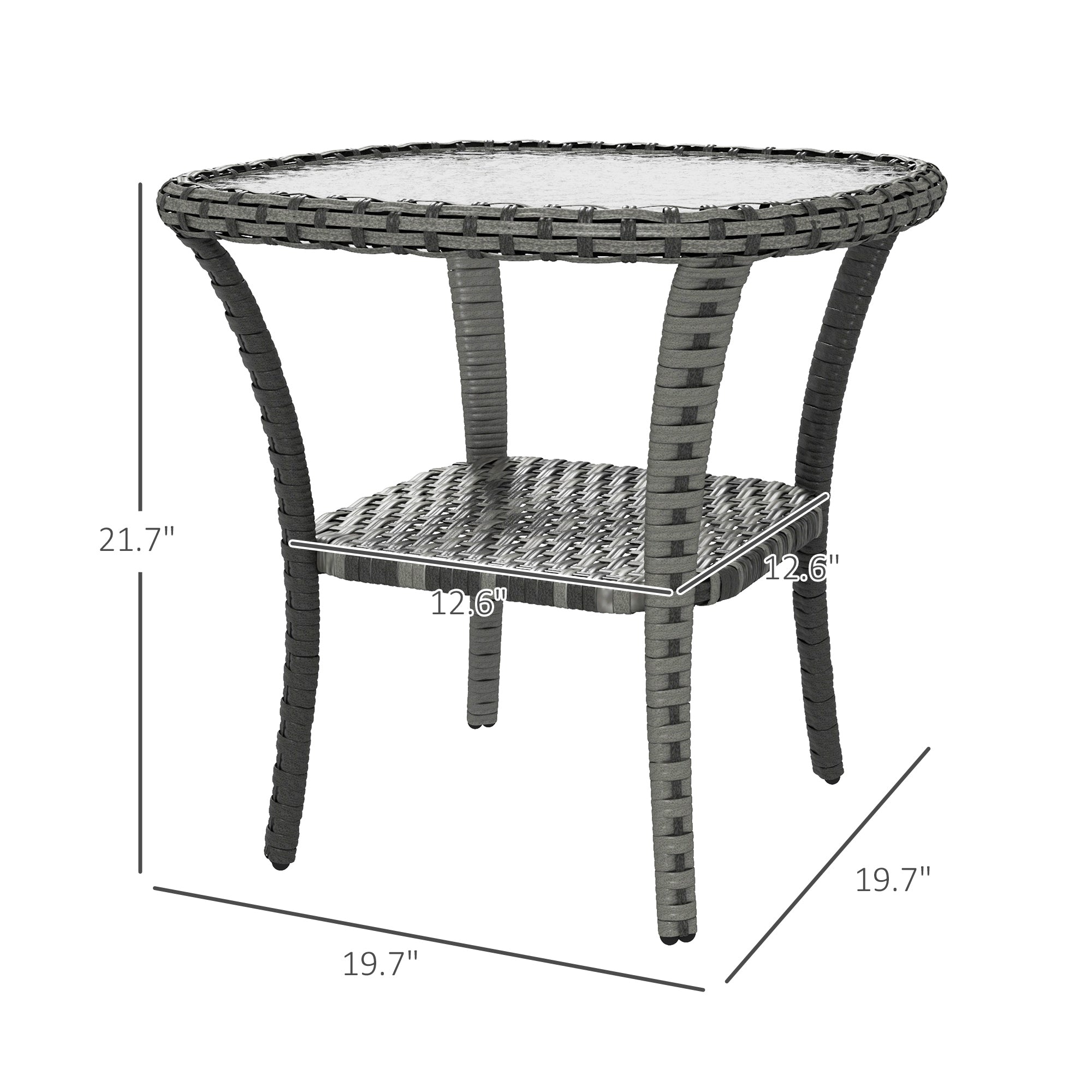 Outdoor Coffee Table with Storage Shelf, Hand-Woven Wicker Side Table with Water-Ripple Glass Top