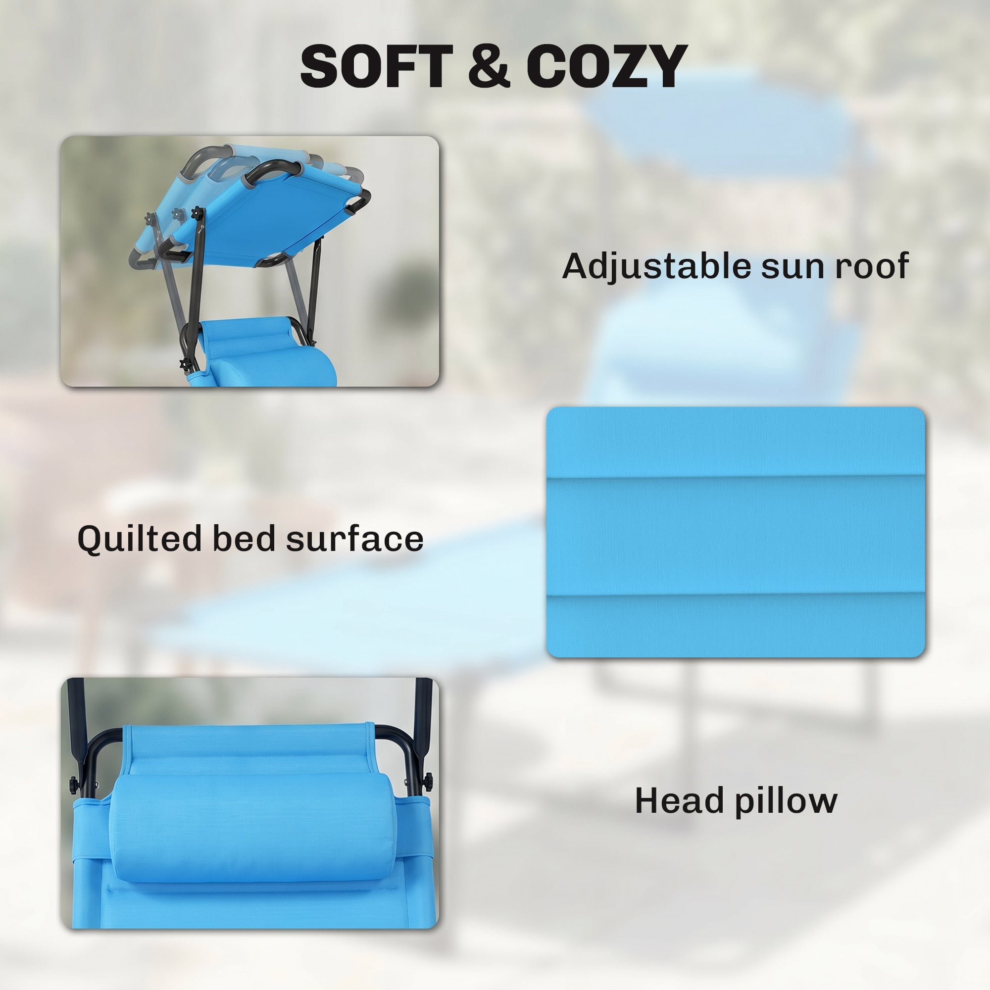 Outdoor Lounge Chair, 4 Position Adjustable Backrest, Folding, Cushioned w/ Sun Shade Roof & Pillow