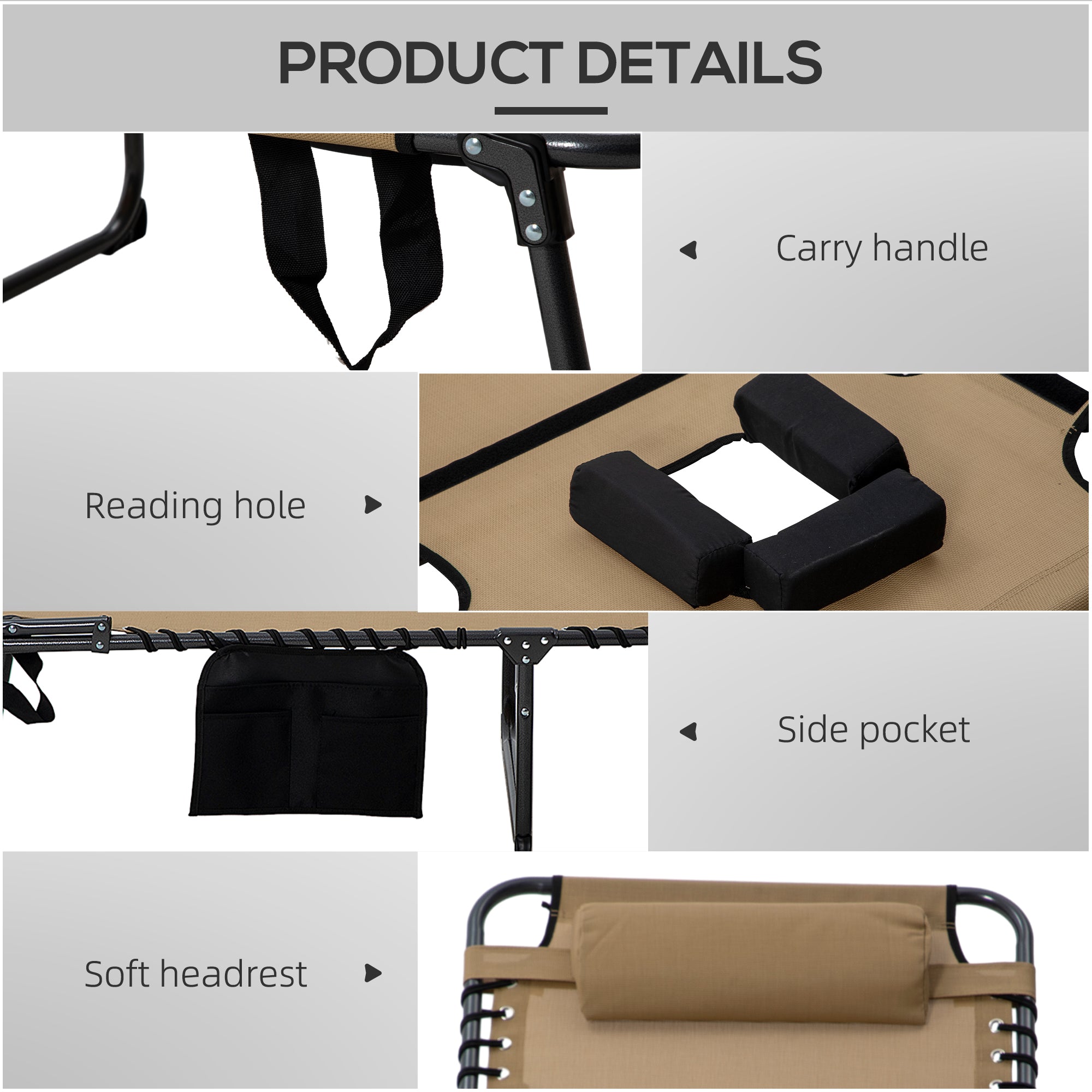 2 Piece Folding Chaise Lounge Pool Chairs with 5-level Reclining Back, Reading Hole, Side Pocket
