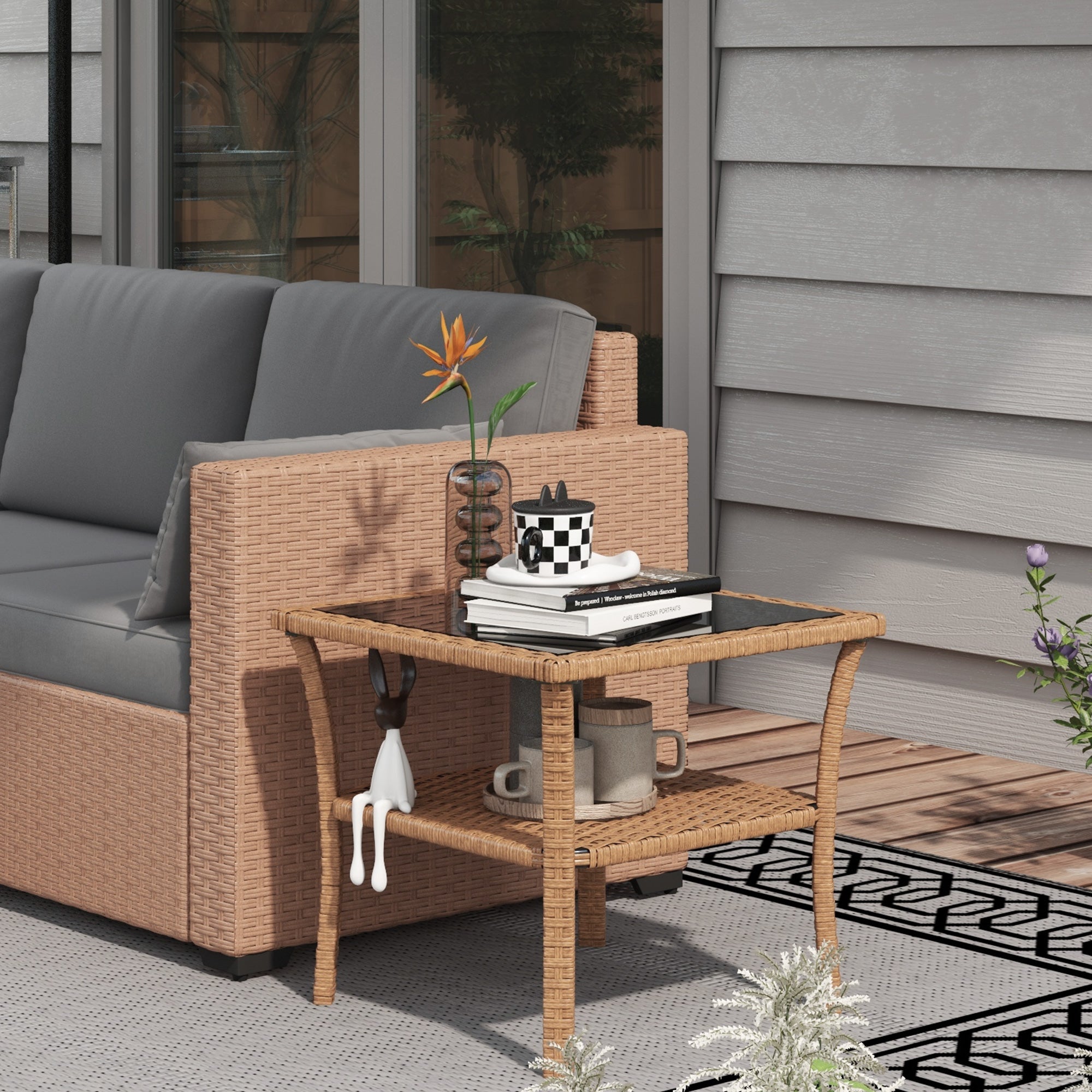 Rattan Side Table, Outdoor End Table with Storage Shelf, Aluminum Frame Square, Coffee Table with Tempered Glass Top