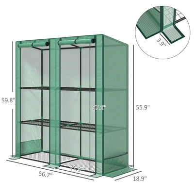 Lean-to Greenhouse with 3 Tier Shelves, Portable Greenhouse with PE Cover, 2 Roll-Up Doors, 56.7" x 18.9" x 59.8", Green