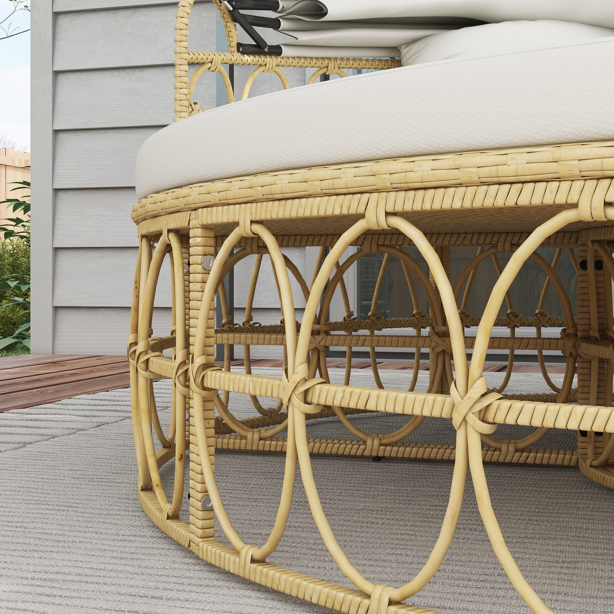 Patio Furniture Set, Round Outdoor Daybed with Retractable Canopy, Hollow Wicker PE Rattan Sectional Sofa with Washable Couch Cushions for Pool, Lawn, Cream White, 70" x 33.5" x 26.25"