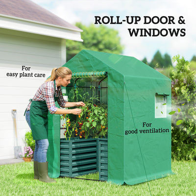 Greenhouse with Raised Garden Bed, Galvanized Steel Outdoor Greenhouse with Roll Up Door, 56" x 56" x 75"