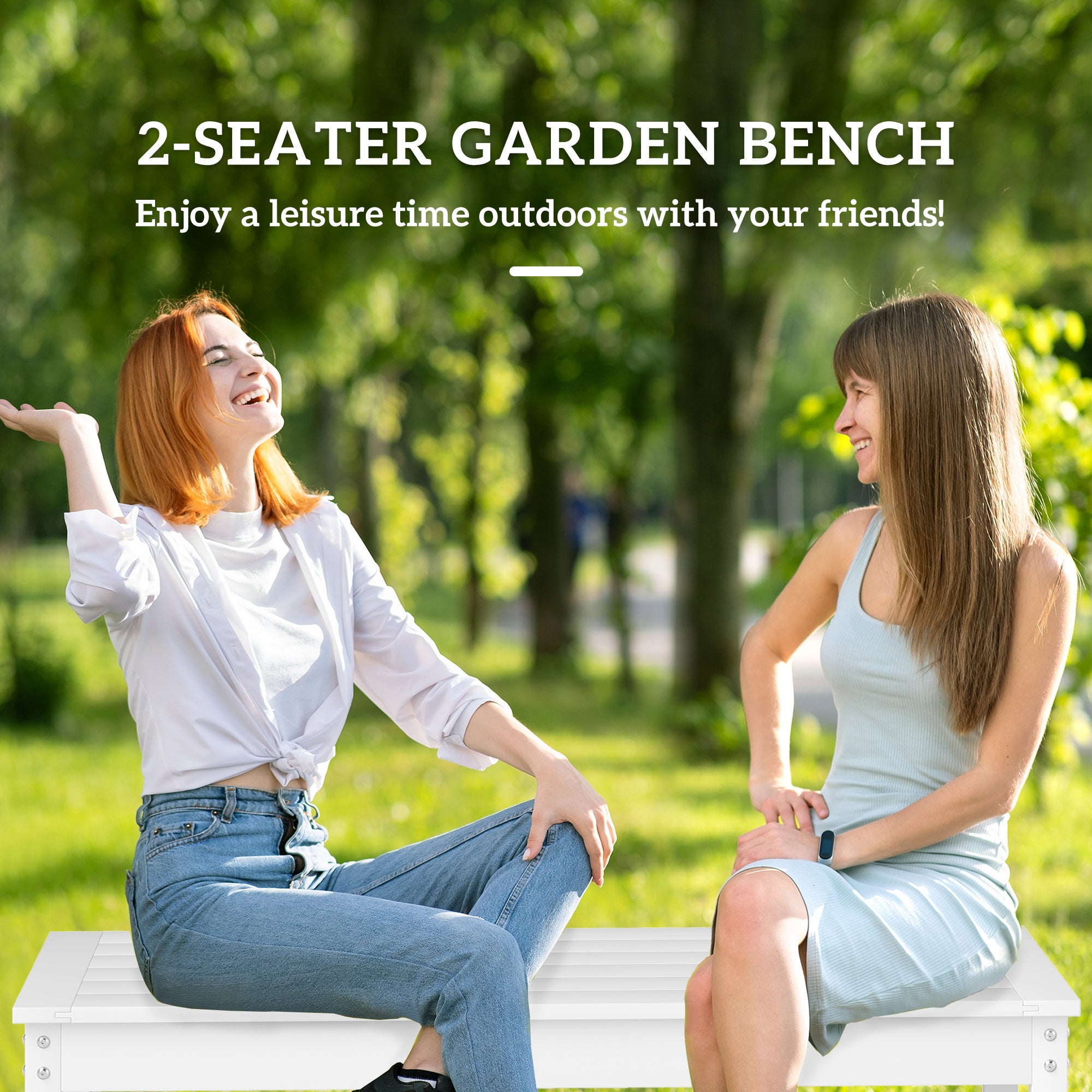 47" Outdoor Bench Seat, HDPE All-Weather Garden Bench, Backless Slatted Patio Bench for Yard, Porch, Park, White