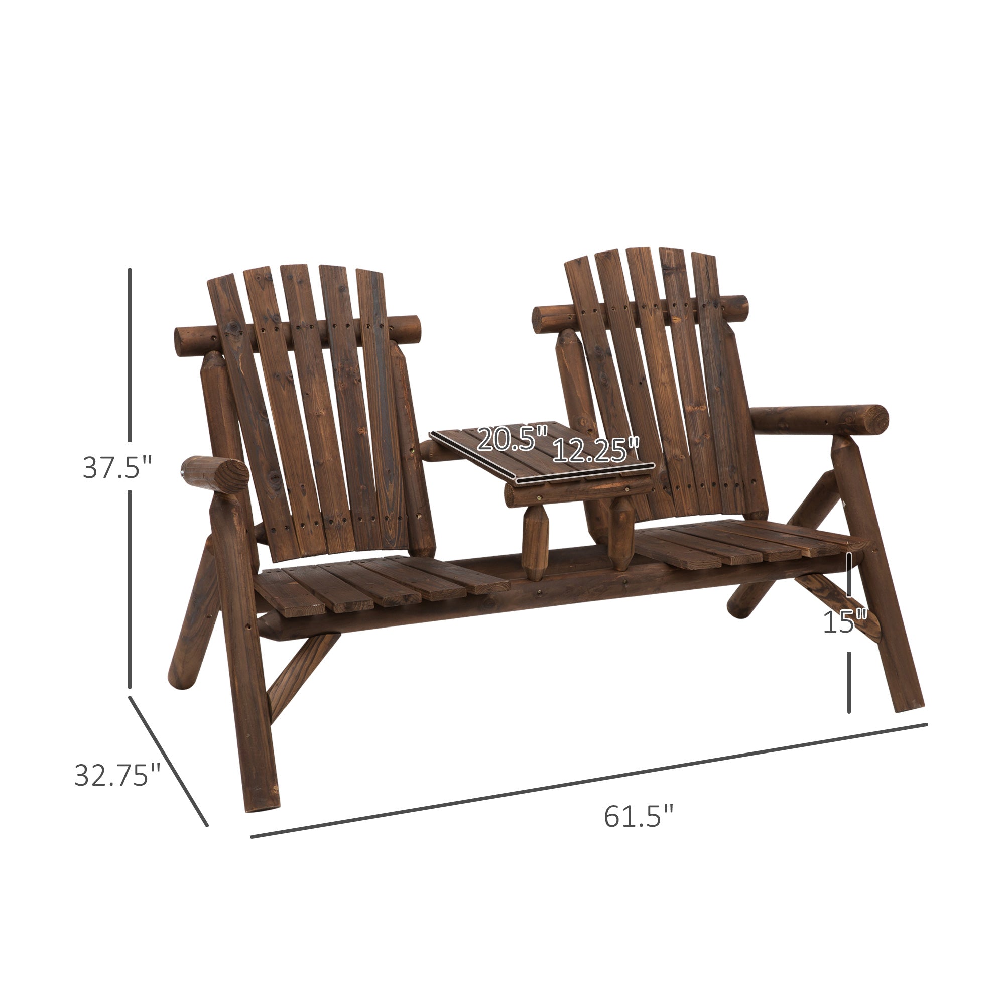 2-Seat Wooden Adirondack Chair, Patio Bench with Table, Outdoor Loveseat Fire Pit Chair for Porch, Backyard, Deck