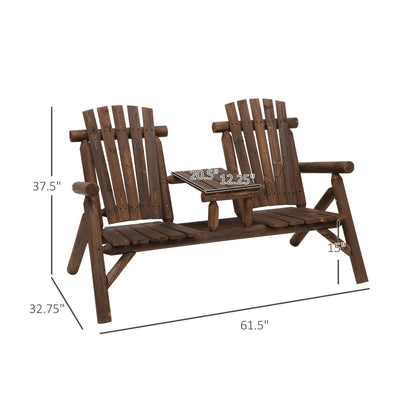 2-Seat Wooden Adirondack Chair, Patio Bench with Table, Outdoor Loveseat Fire Pit Chair for Porch, Backyard, Deck
