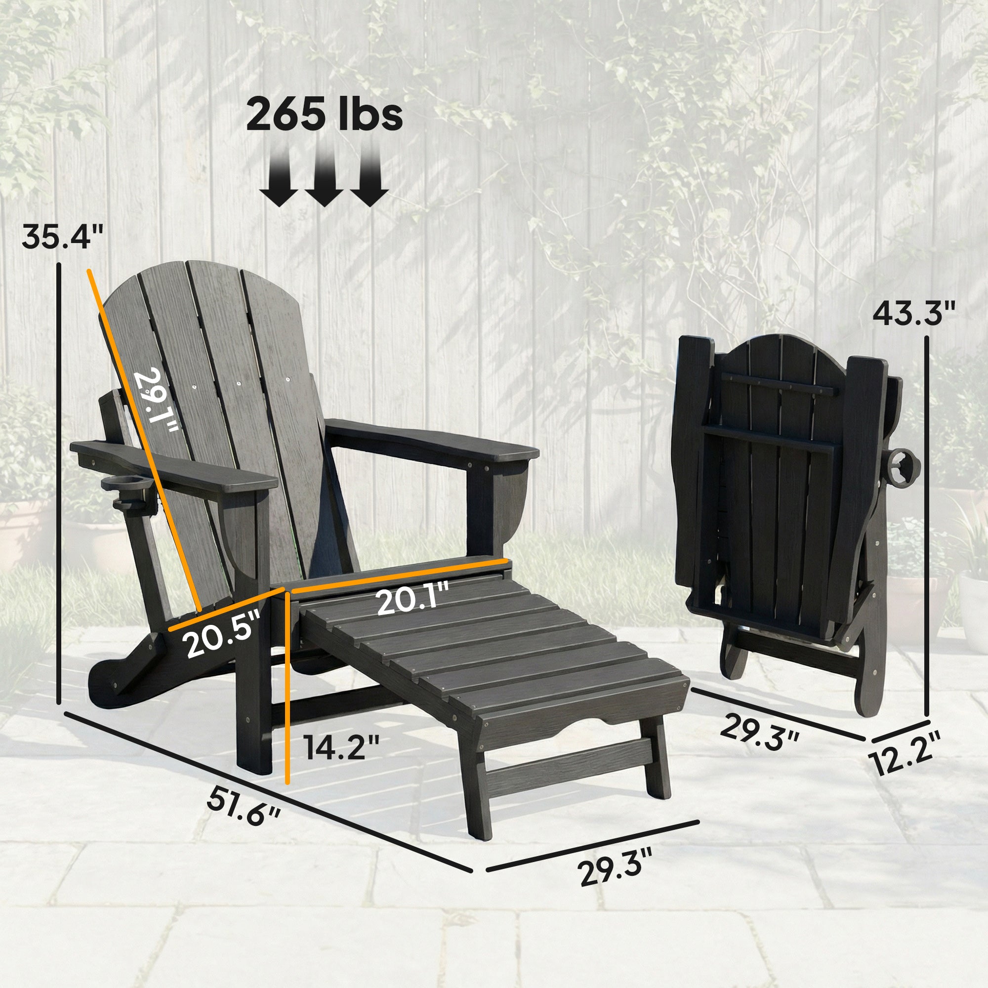 Folding Adirondack Chair Set of 2, HDPE Fire Pit Chair with Retractable Ottoman and Cup Holder