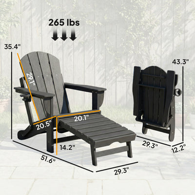 Folding Adirondack Chair Set of 2, HDPE Fire Pit Chair with Retractable Ottoman and Cup Holder