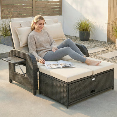 Patio Rattan Daybed, Wicker Outdoor Daybed with Storage Ottoman, Loveseat w/ Adjustable Backrest