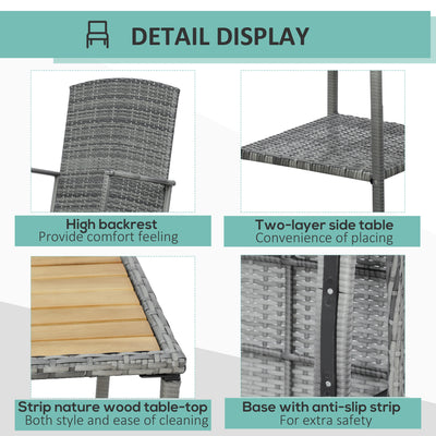 3 Piece Outdoor PE Rattan Rocking Chair Set, Patio Wicker Recliner Rocker Chair with Soft Cushion & Nature Wood Top Coffee Table, Gray