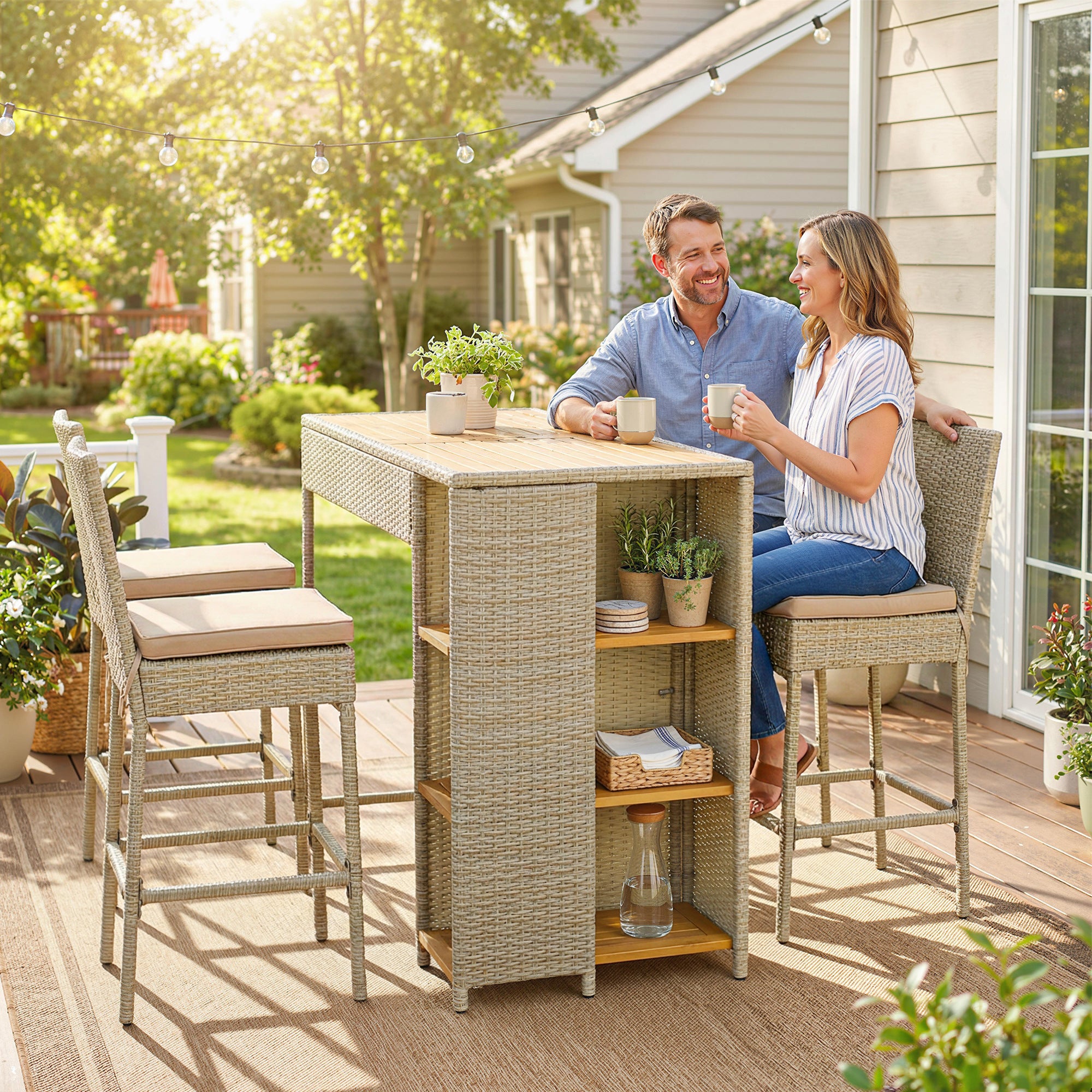5 Piece Wicker Outdoor Bar Set, Acacia Wood Outdoor High Top Table and Chairs with 3 Tier Shelves, Cushions