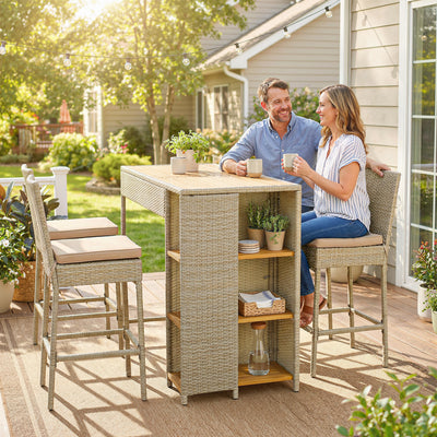 5 Piece Wicker Outdoor Bar Set, Acacia Wood Outdoor High Top Table and Chairs with 3 Tier Shelves, Cushions