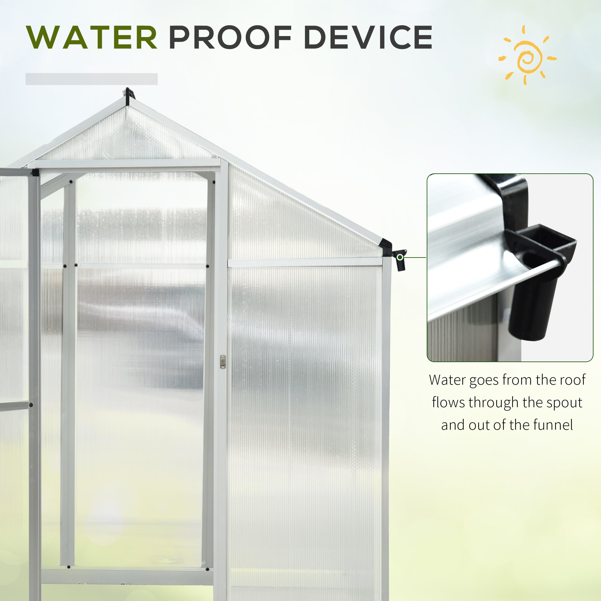 10' L x 6' W Walk-In Polycarbonate Greenhouse with Roof Vent for Ventilation & Rain Gutter for Winter