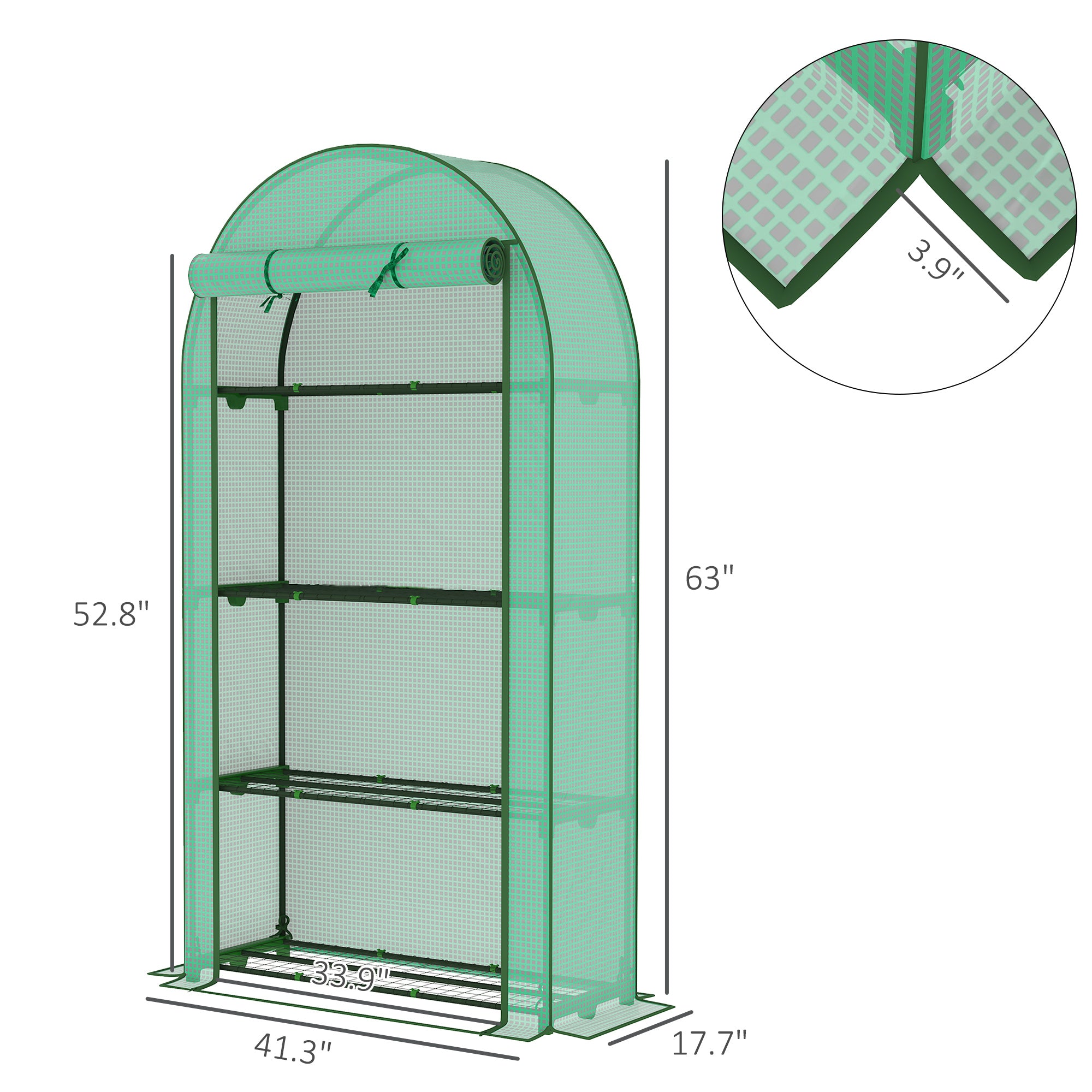 Mini Greenhouse, Portable Greenhouse with 4 Tier Shelves, Roll-Up Door, and Plastic Cover, 41.3" x 17.7" x 63", Green