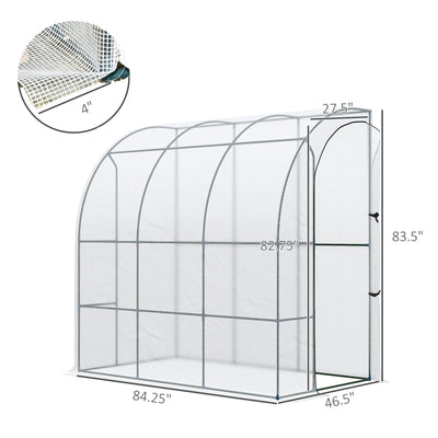 7' x 4' x 7' Outdoor Lean to Greenhouse, Walk-In Green House Plant Nursery with Roll-up Window, PE Cover, White