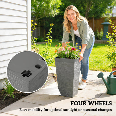 22.8 Inch Set of 3 Outdoor Planters with Stone Finish and Wheels, Stackable Tapered Planters with Drainage Hole
