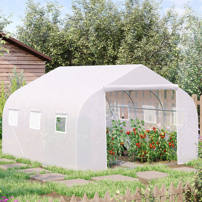 11.5' x 10' x 6.5' Outdoor Walk-in Greenhouse, Tunnel Green House with Roll-up Windows, Zippered Door, PE Cover, Heavy Duty Steel Frame, White