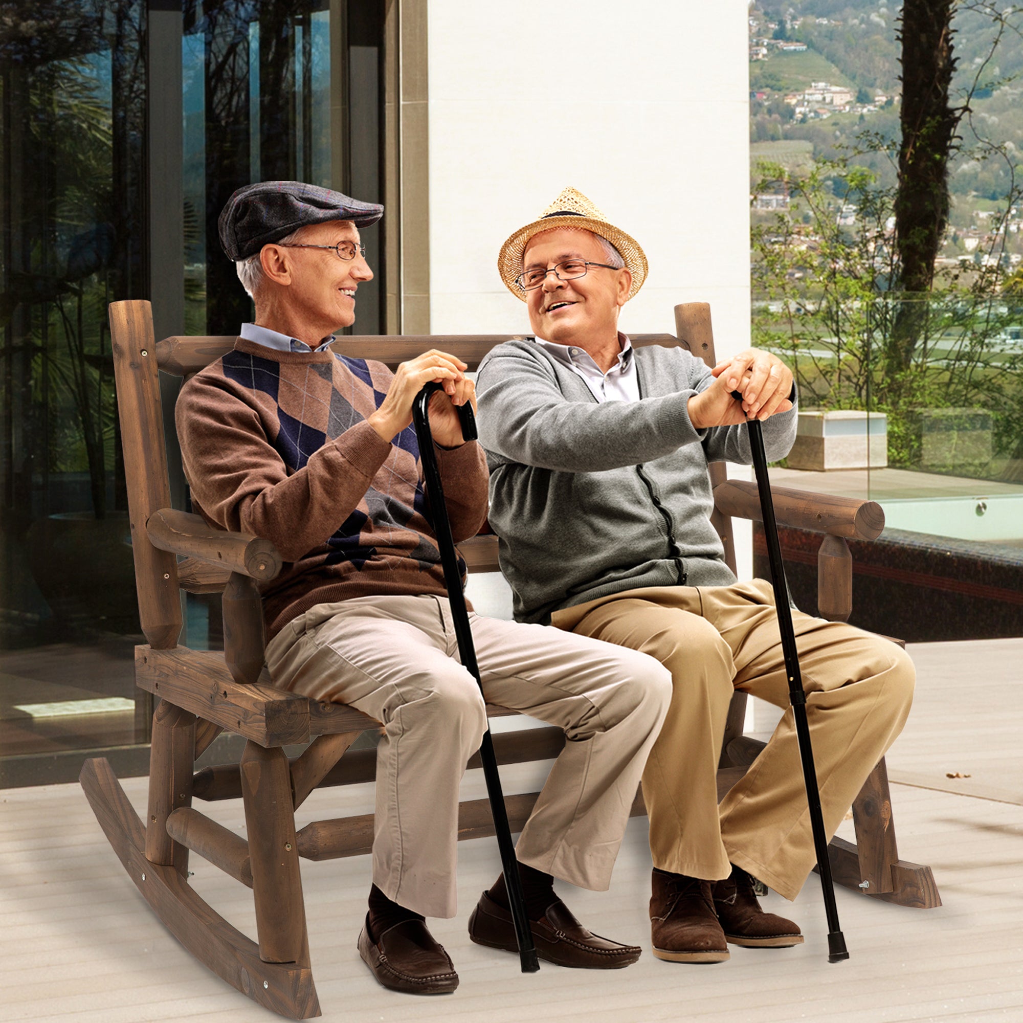 2-Person Wood Rocking Chair with Log Design, Heavy Duty Loveseat with Wide Curved Seats for Patio, Backyard, Garden