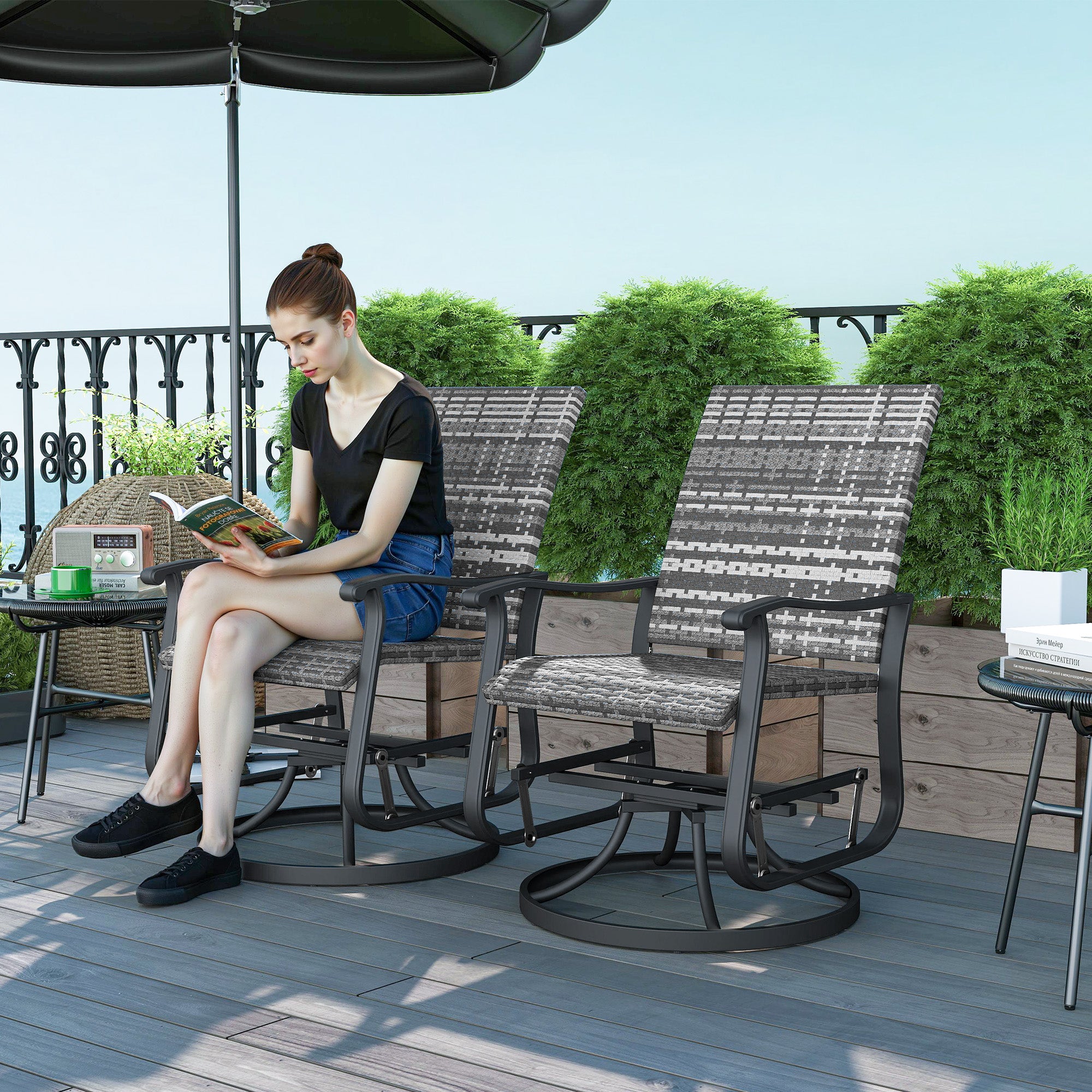 Wicker Rattan Swivel Patio Glider Chair Set of 2, Outdoor Glider Chair with Steel Frame, High Back, Armrests