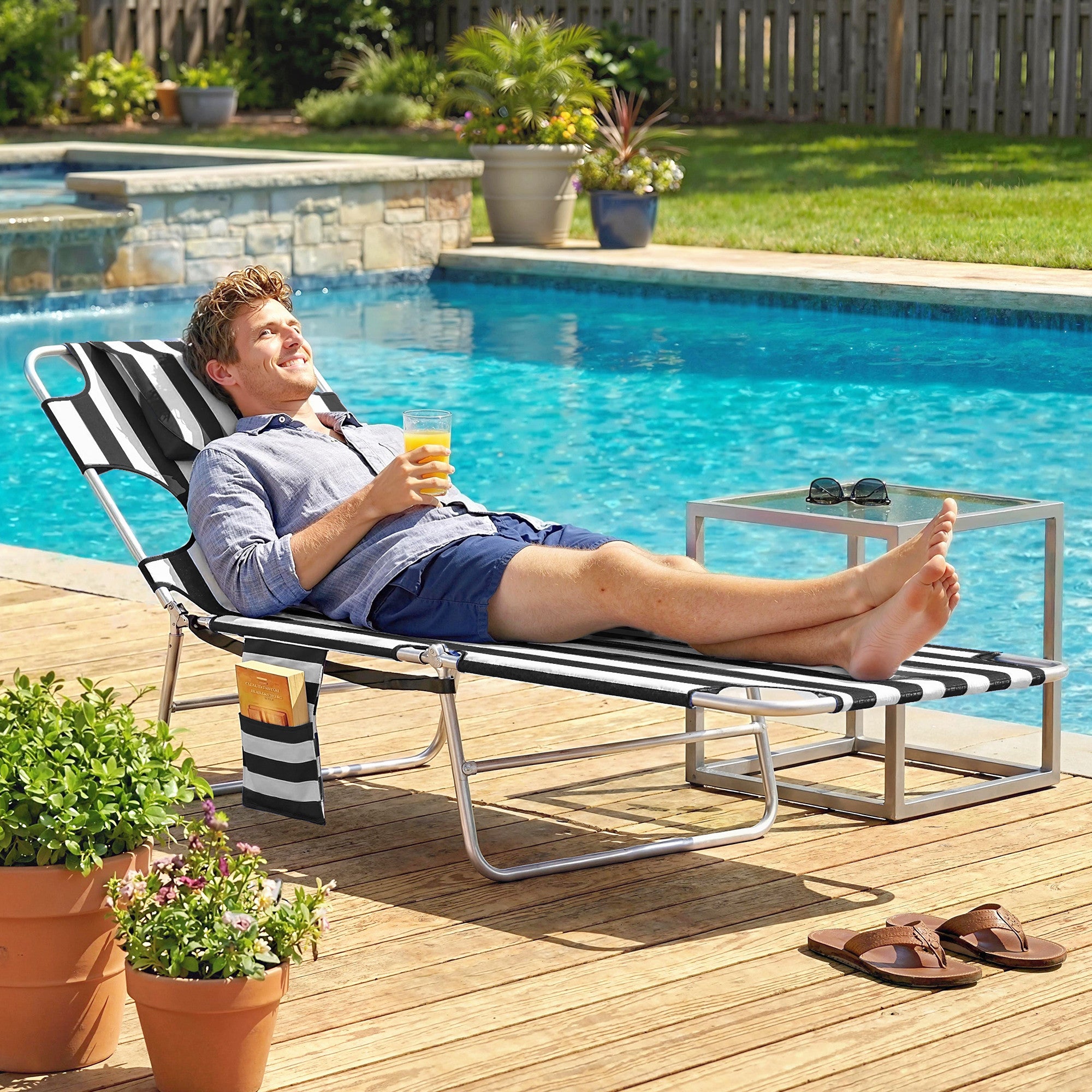 Tanning Chair with Face Hole, 5-Level Adjustable Outdoor Chaise Lounge Chair with Pillow for Beach, Pool