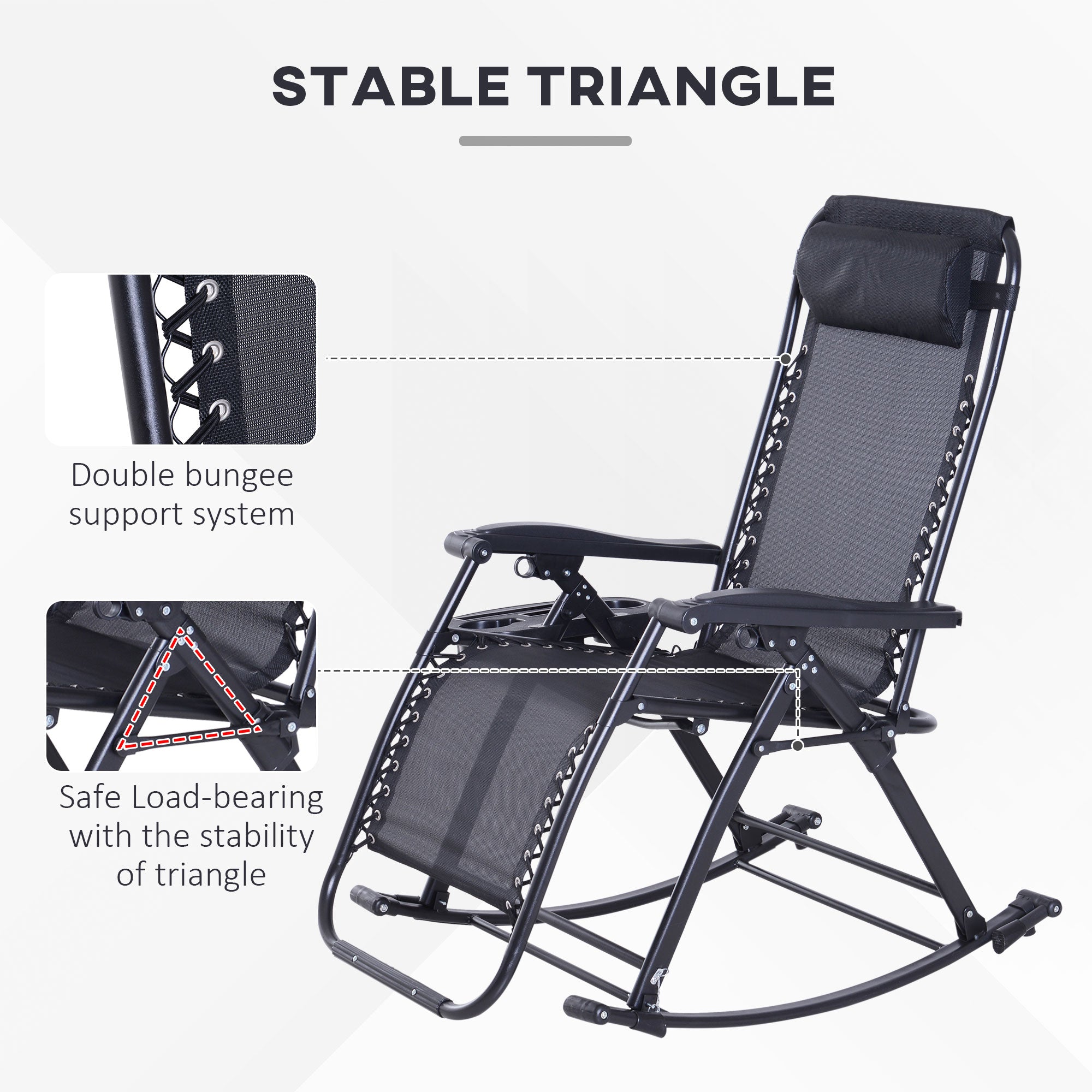 Outdoor Rocking Chairs, Foldable Reclining Zero Gravity Lounge Rocker with Pillow, Cup & Phone Holder, Combo Design with Folding Legs