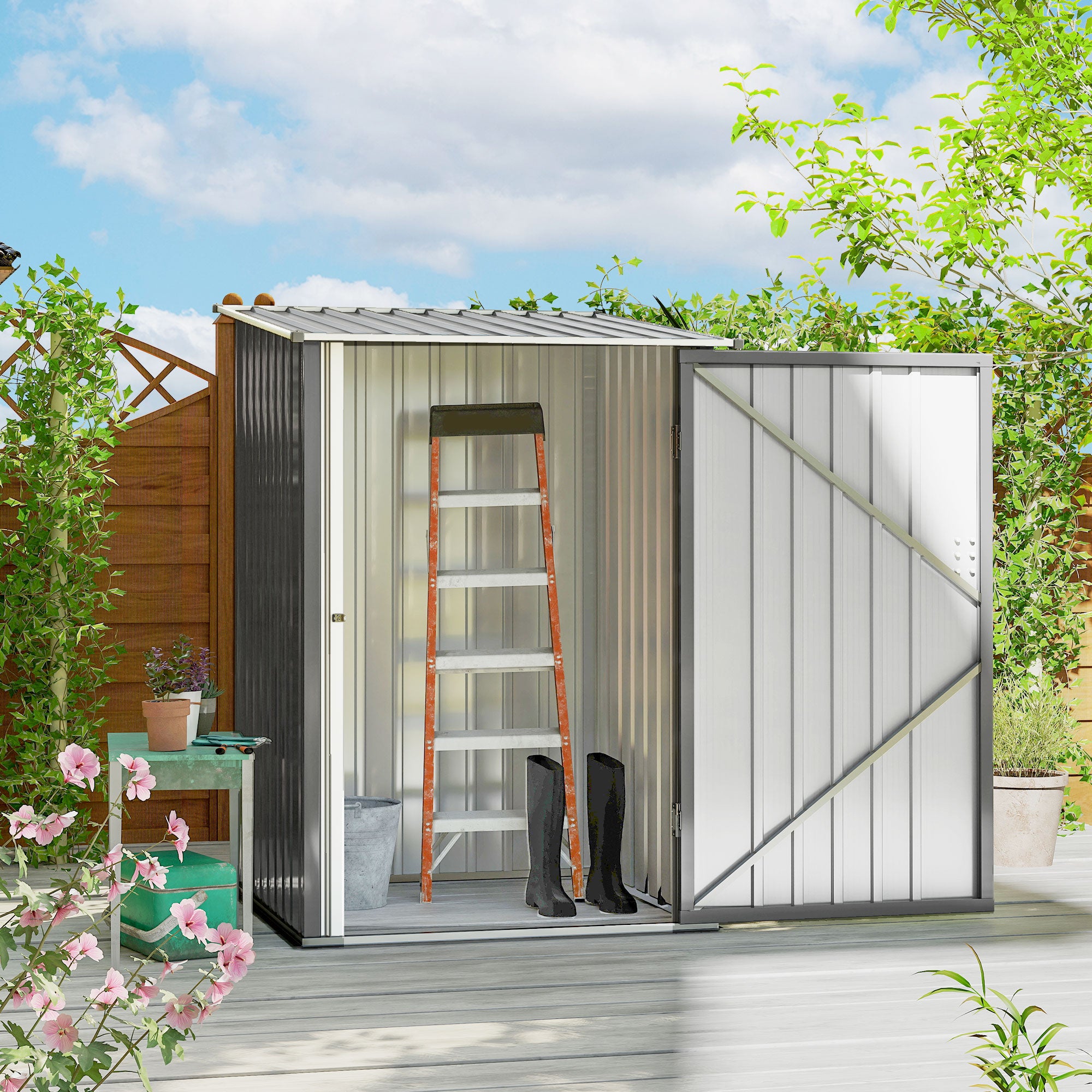 Outdoor 3.3' x 3.4' Lean-to Garden Storage Shed, Galvanized Steel Tool House with Lockable Door for Patio