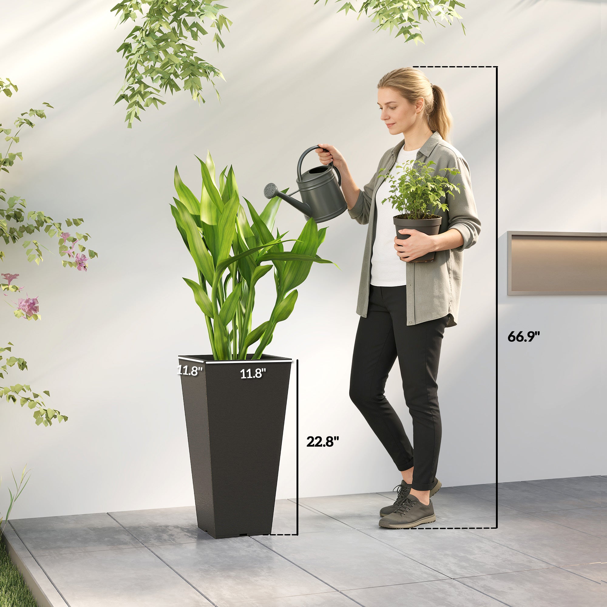 23 Inch Tall Planters for Outdoor Plants, Set of 2 Plastic Flower Pots, for Front Door Patio Garden Use