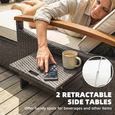 Rattan Outdoor Daybed w/4-Level Adjustable Backrest, Patio Sofa Bed w/Storage Ottoman, Acacia Wood Armrest