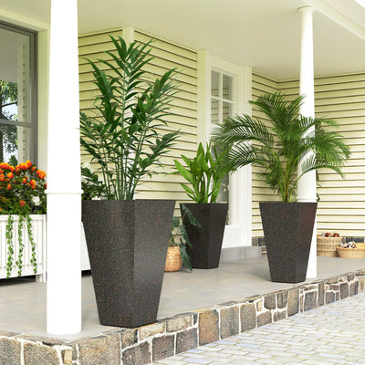28" Tall Planters, Set of 3 Plastic Flower Pots with Marble Finish and Drainage Holes, Stackable Taper Planters