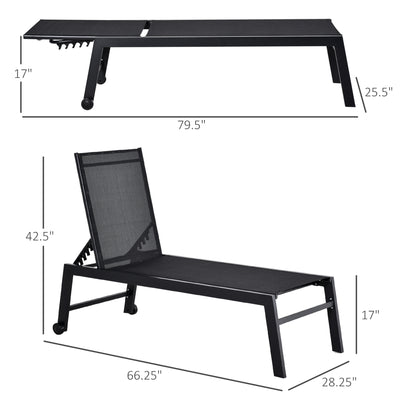 Outdoor Chaise Lounge with Wheels, Five Position Recliner for Sunbathing, Suntanning, Steel Frame, Breathable Fabric for Beach, Yard, Patio