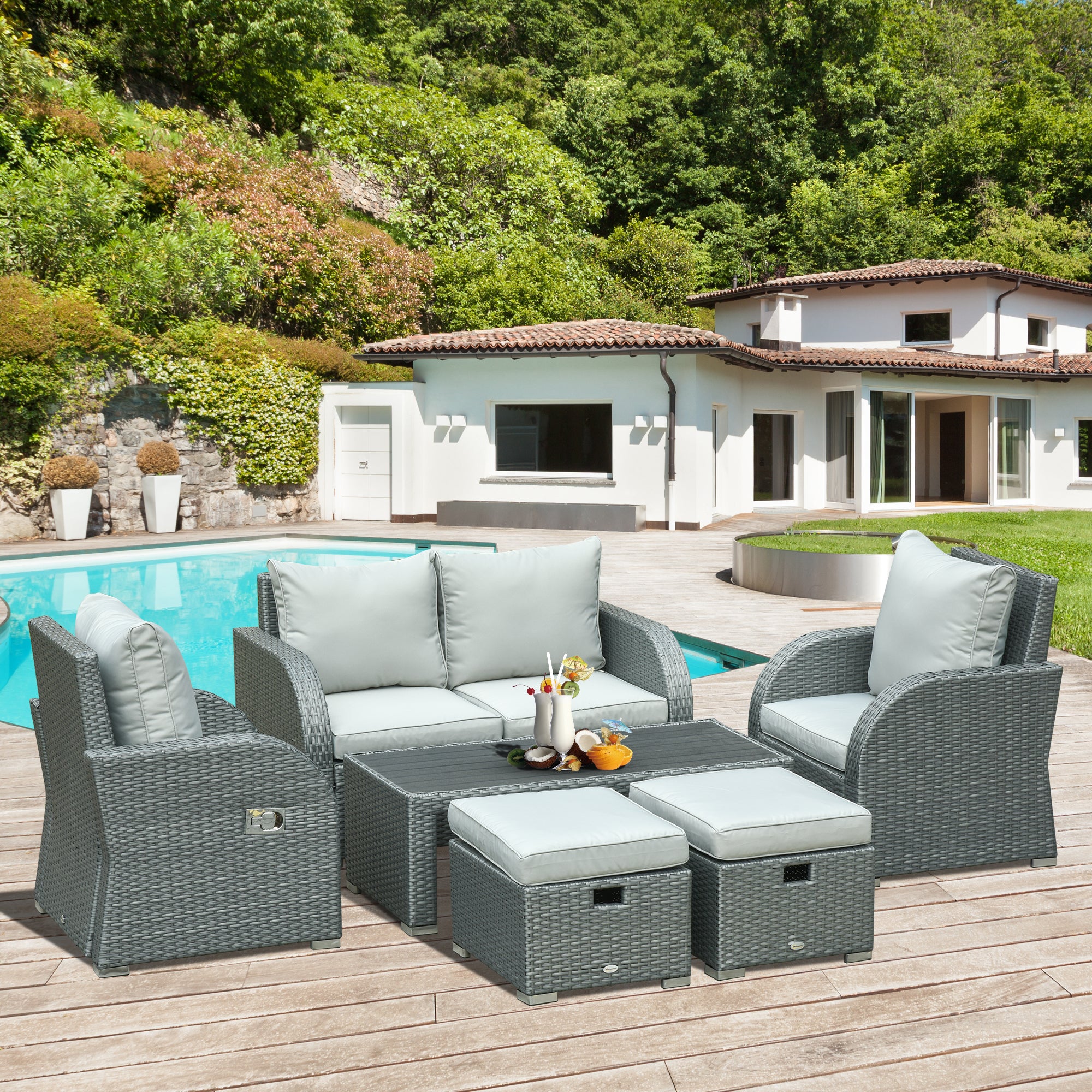 6-PCs Patio Furniture Sets Outdoor Wicker Sofa Set Rattan Angle Adjustable Recline Single Chair Conversation Set, Ottomans, w/ Polyester Tea Table Gas Spring  & Soft Washable Cushions, Grey
