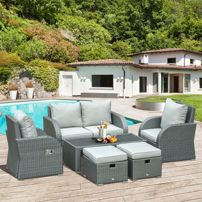 6-PCs Patio Furniture Sets Outdoor Wicker Sofa Set Rattan Angle Adjustable Recline Single Chair Conversation Set, Ottomans, w/ Polyester Tea Table Gas Spring  & Soft Washable Cushions, Grey
