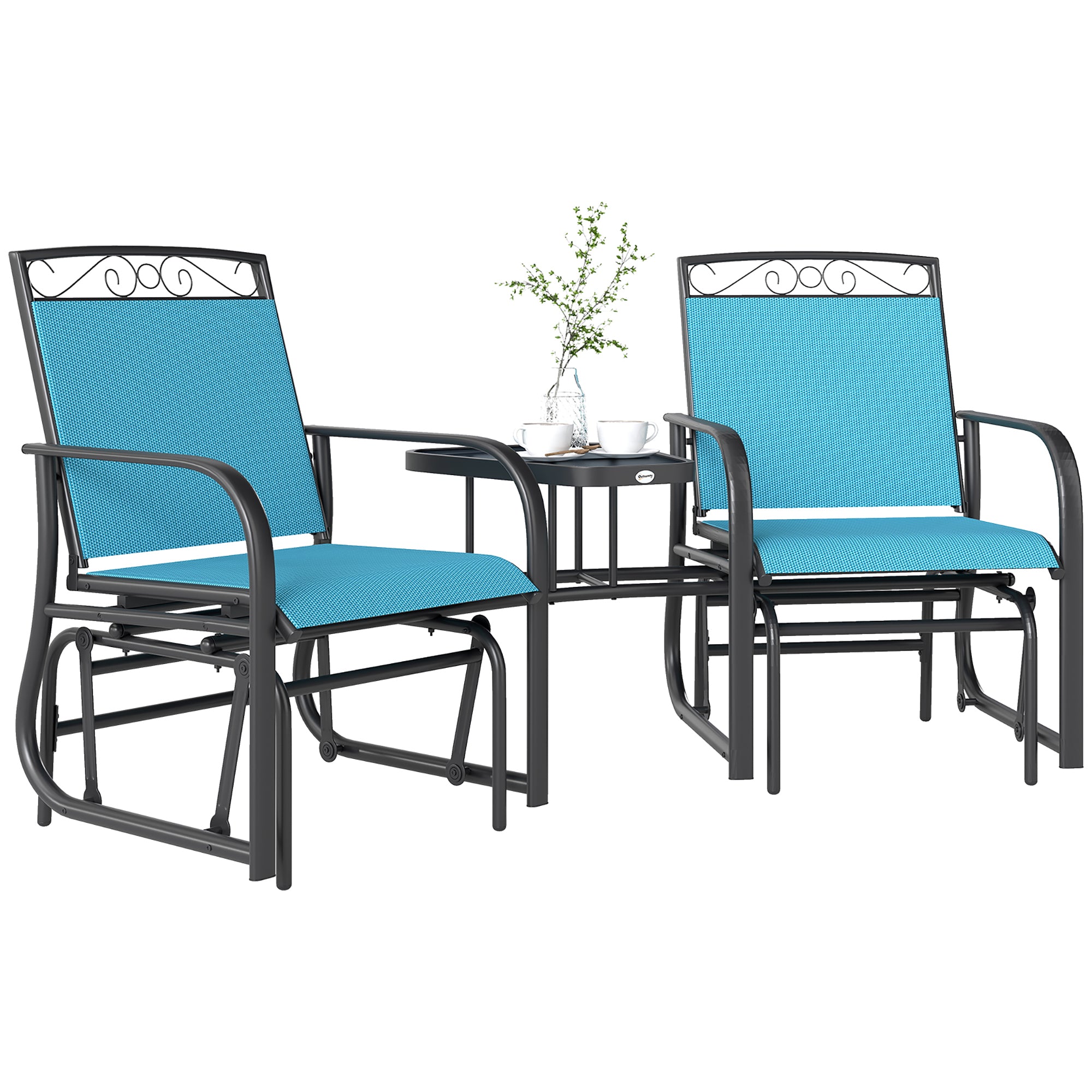 Outdoor Glider Chairs with Coffee Table, Patio 2-Seat Rocking Chair Swing with Breathable Sling for Backyard