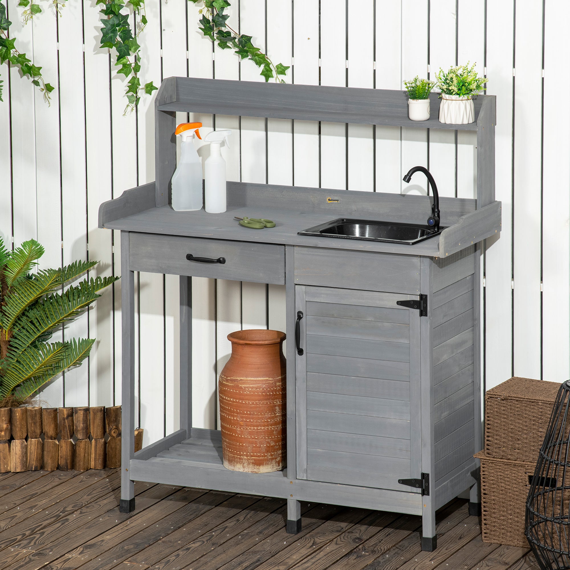 Potting Bench Table with Removable Sink, Outdoor Work Bench Table with Storage Cabinet, Hooks, Faucet and Drawer for Greenhouse, Garden, Patio