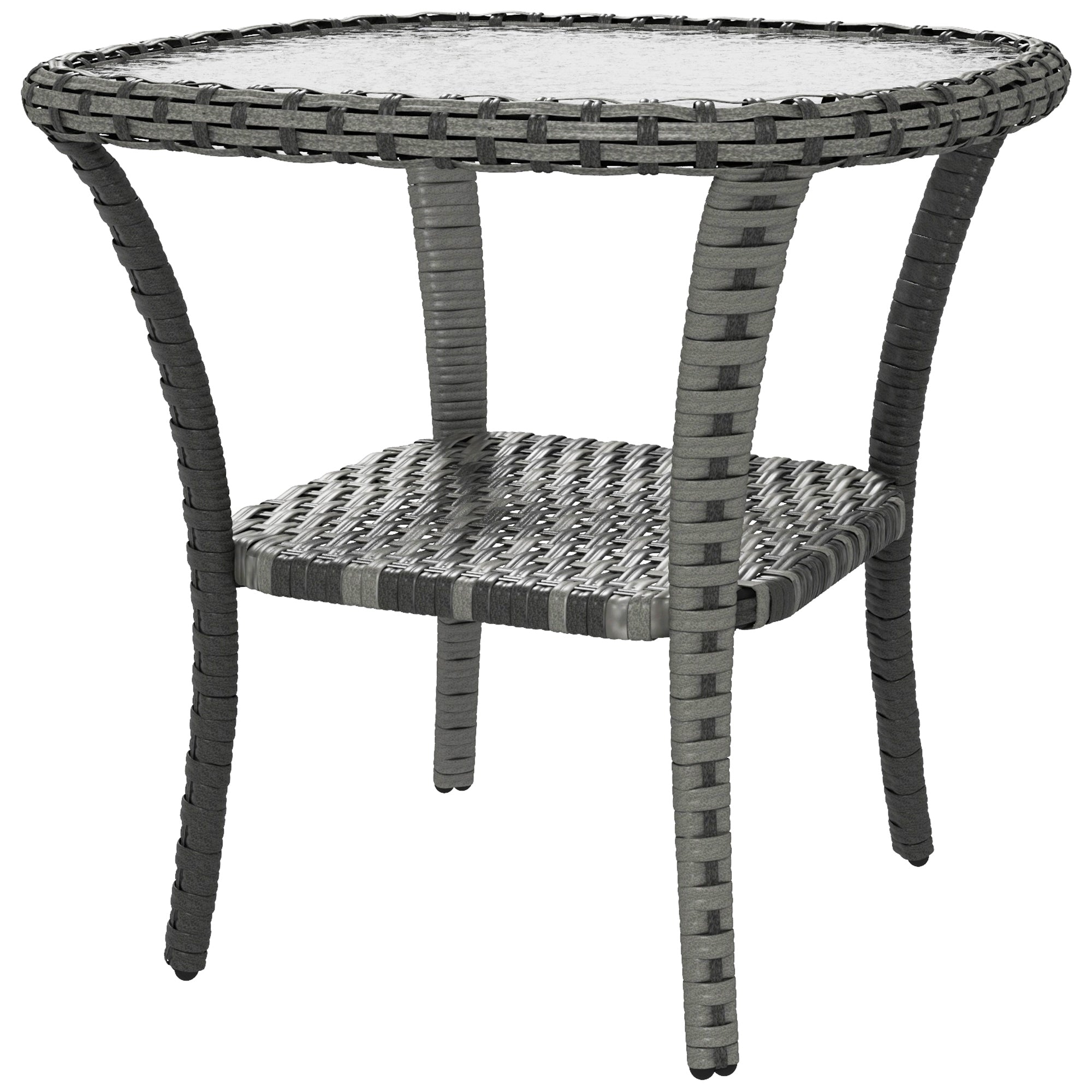 Outdoor Coffee Table with Storage Shelf, Hand-Woven Wicker Side Table with Water-Ripple Glass Top