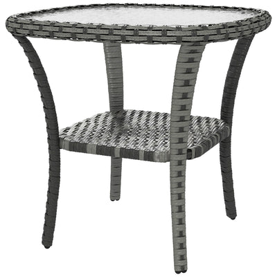 Outdoor Coffee Table with Storage Shelf, Hand-Woven Wicker Side Table with Water-Ripple Glass Top