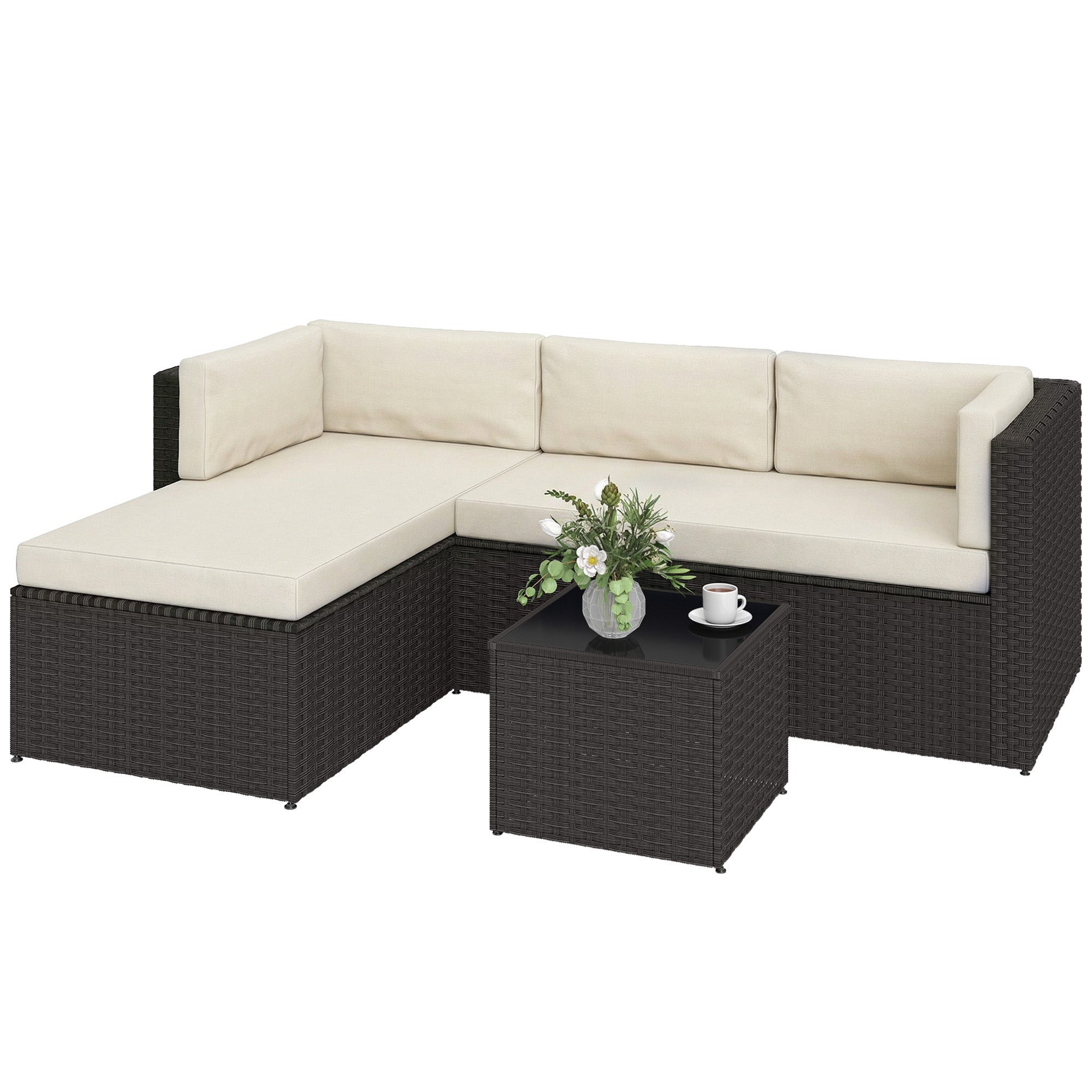 3 Piece Patio Furniture Set, Wicker Outdoor Patio Conversation Furniture Set with Cushions, Glass Top Table