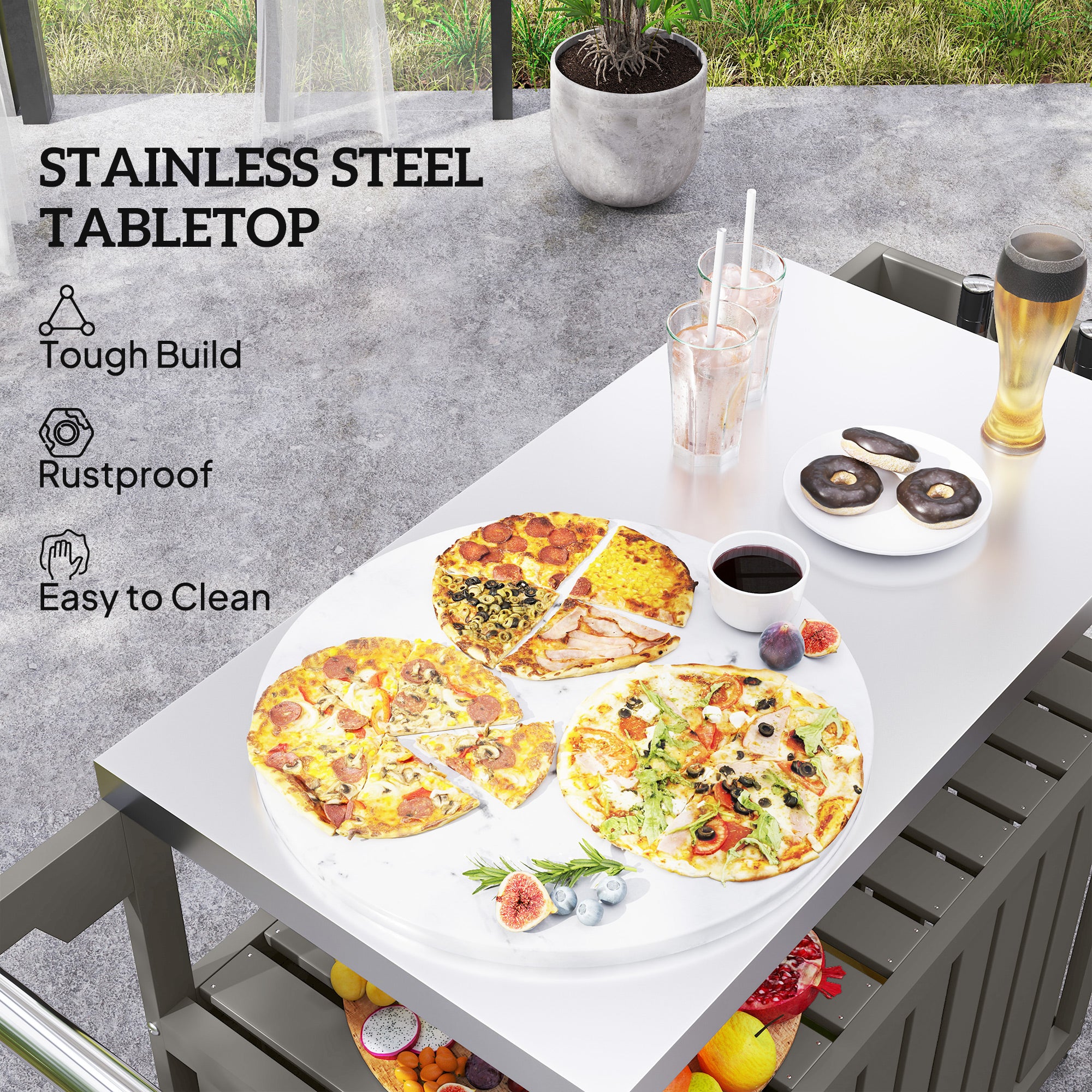 Outdoor Bar Cart with Storage, Stainless Steel Outdoor Bar Table Top, Wheeled HDPE Kitchen Island for Food Prep