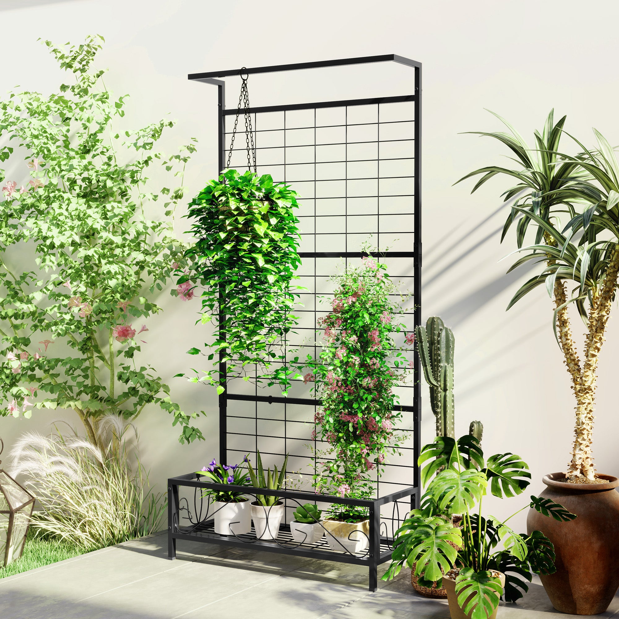 Metal Tall Plant Stand with Trellis and Hanging Bar, Plant Holder for Indoor Outdoor Use, 35" x 12.8" x 74", Black