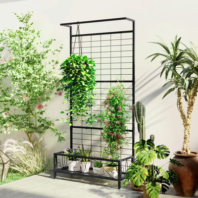 Metal Tall Plant Stand with Trellis and Hanging Bar, Plant Holder for Indoor Outdoor Use, 35" x 12.8" x 74"
