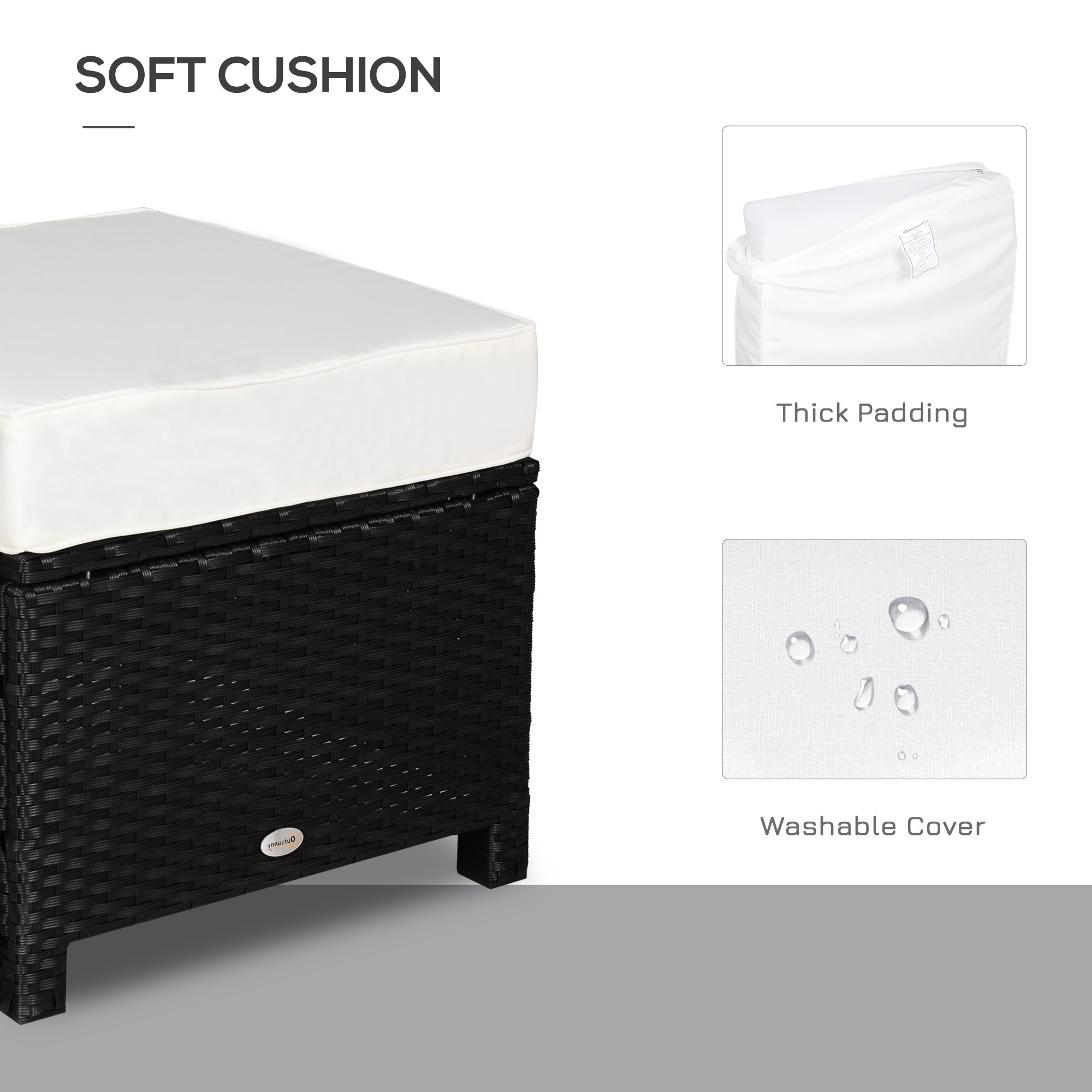 20" Patio Wicker Ottoman, Multipurpose Outdoor PE Rattan Footrest, Additional Seating, Side Table with Soft Cushion, Black, Cream White