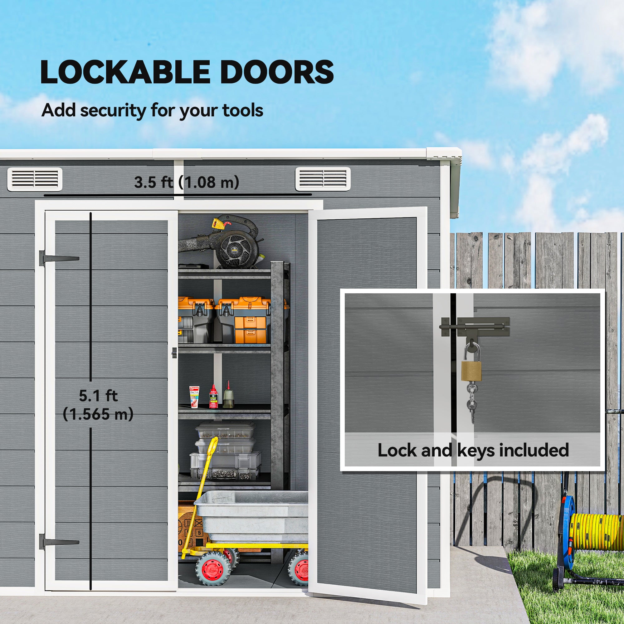 8' x 4' Plastic Outdoor Storage Shed with Floor, Window, Lockable Doors and Vents for Backyard Patio Lawn