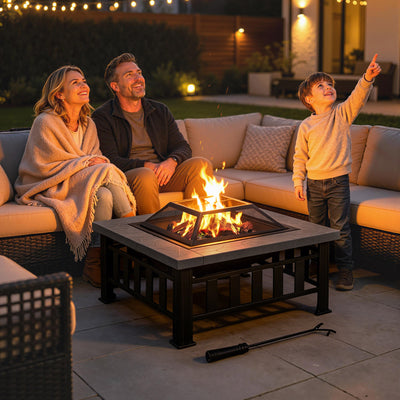 34" Outdoor Fire Pit Square Steel Wood Burning Firepit Bowl with Spark Screen, Waterproof Cover, Log Grate, Poker for Backyard, Camping, BBQ, Bonfire