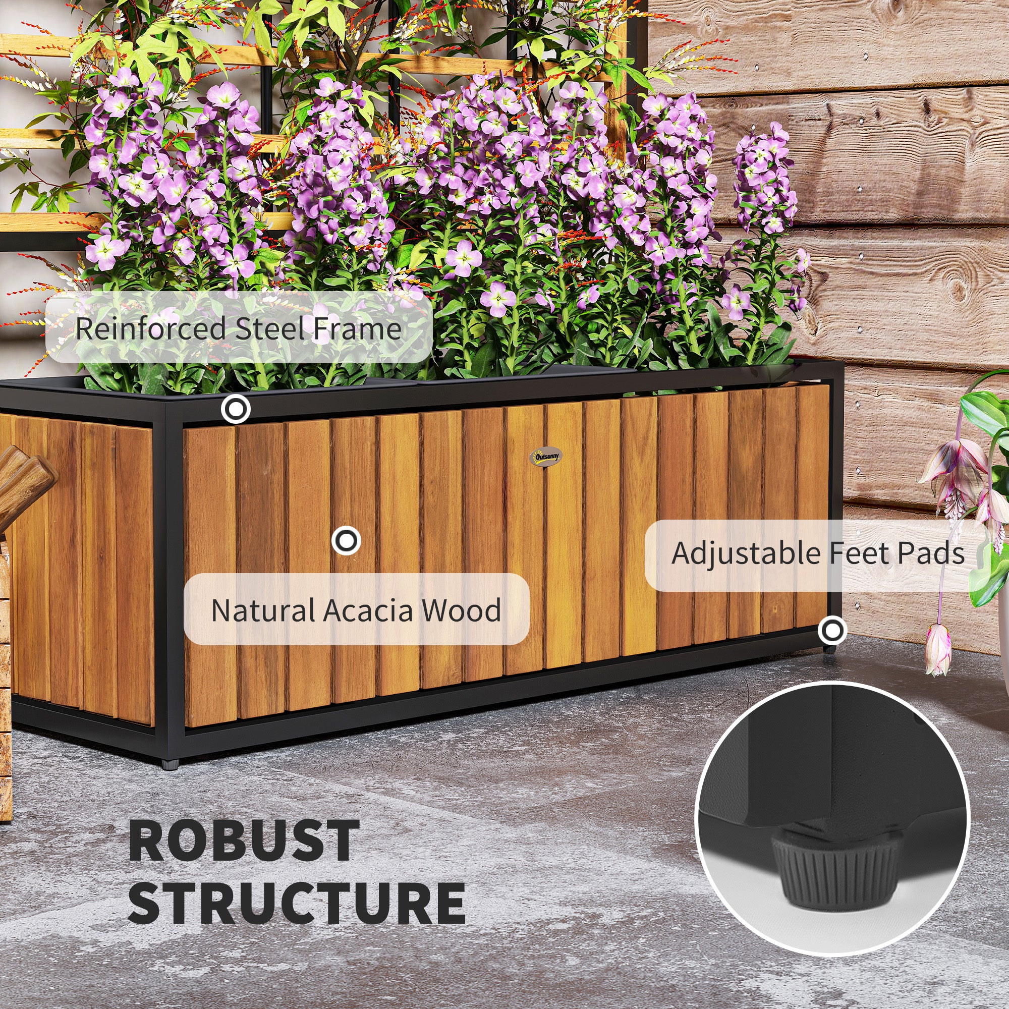 Wooden Raised Garden Bed with Trellis, Removable Pots for Backyard, Patio, Balcony, 29" x 11" x 52"