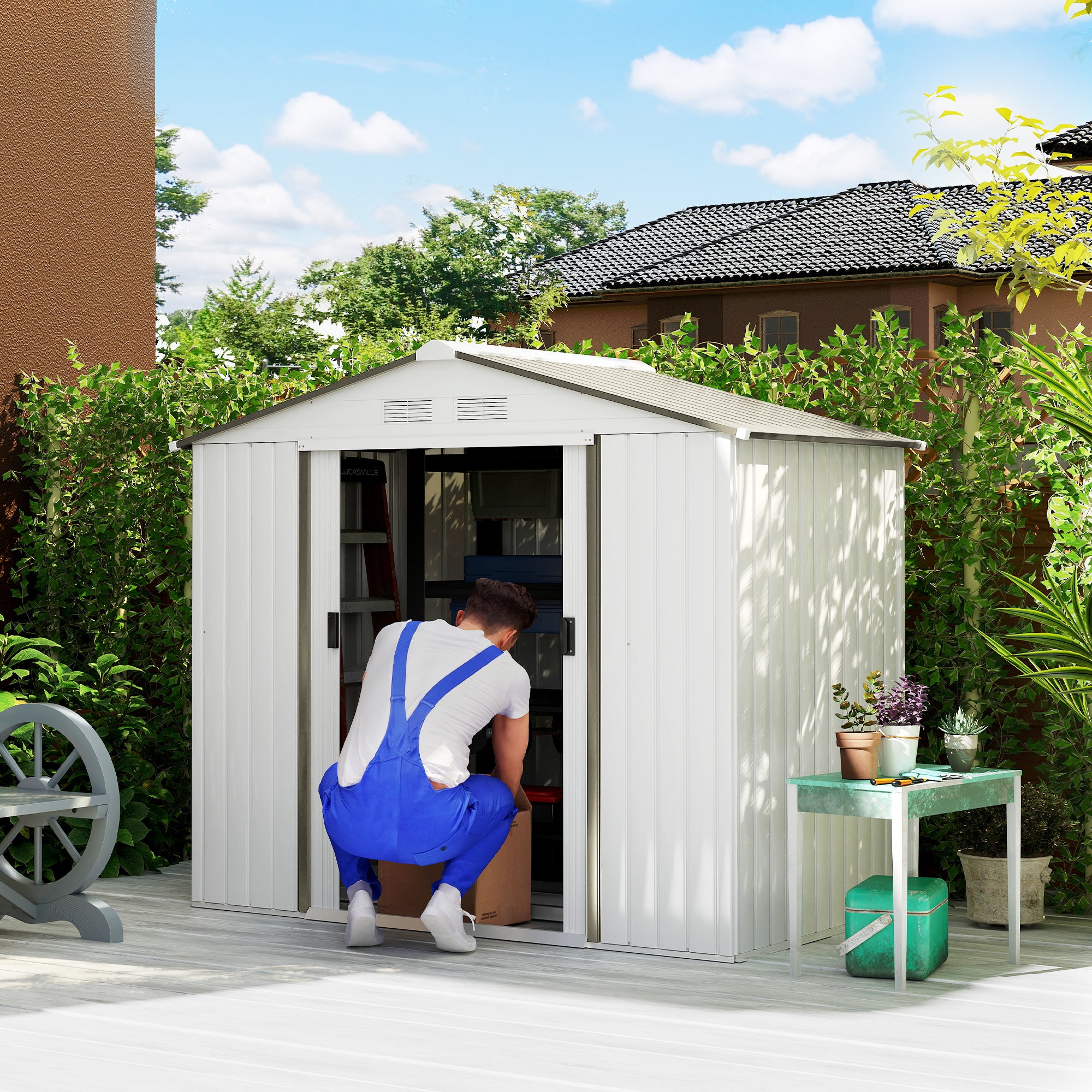 7' x 4' Outdoor Storage Shed, Garden Tool Metal Shed with Foundation Kit, Double Lockable Door, Air Vents and Sloping Roof, for Backyard, Patio, Lawn