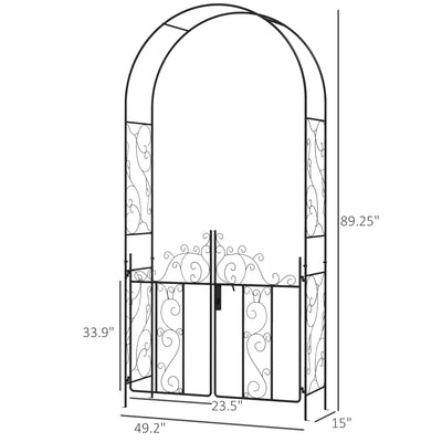89.25" Metal Garden Arch with Gate, Garden Arbor Trellis for Climbing Plants, Roses, Vines, Wedding Arch, Black