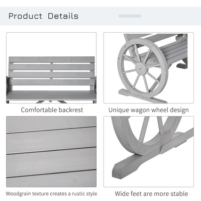 41" Wooden Wagon Wheel Bench, Rustic Outdoor Patio Weather Resistance Furniture, 2-Person Slatted Seat Bench with Backrest, Light Gray